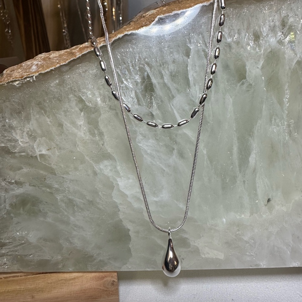 Elegant Silver Necklace Set teardrop double layer 925